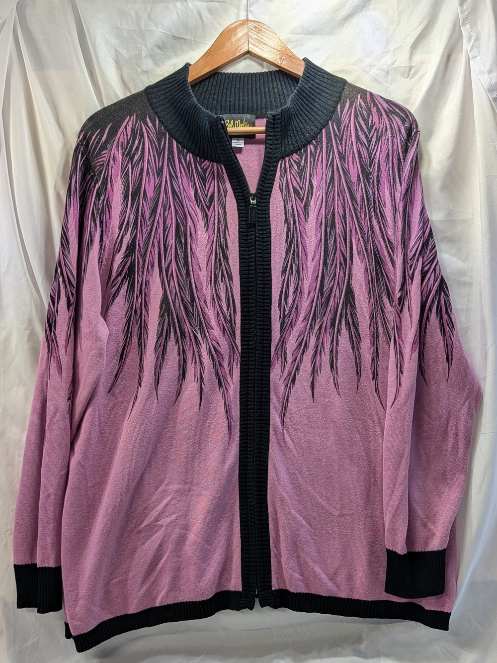 Bob Mackie Women’s Pink Feather-Print Zip Cardigan w/Black Trim Size 1X